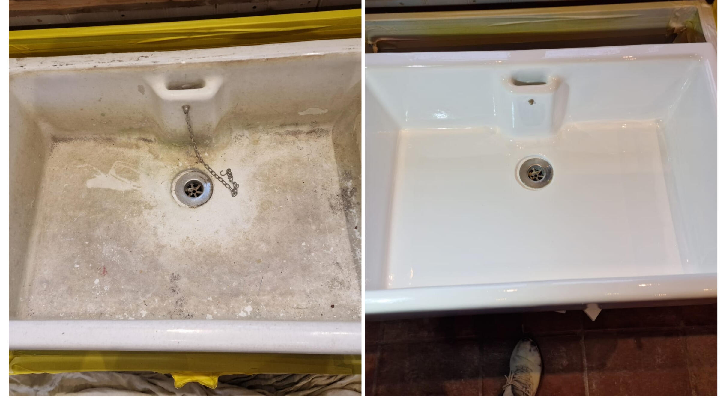 BELFAST KITCHEN SINK RESTORED IN Cheltenham BEFORE AND AFTER PHOTOS OF A KITCHEN CERAMIC BELFAST SINK, WAS DAMAGED AND FULL OF CHIPS, FULLY RESORED TO A LIKE NEW FINISH IN Cheltenham