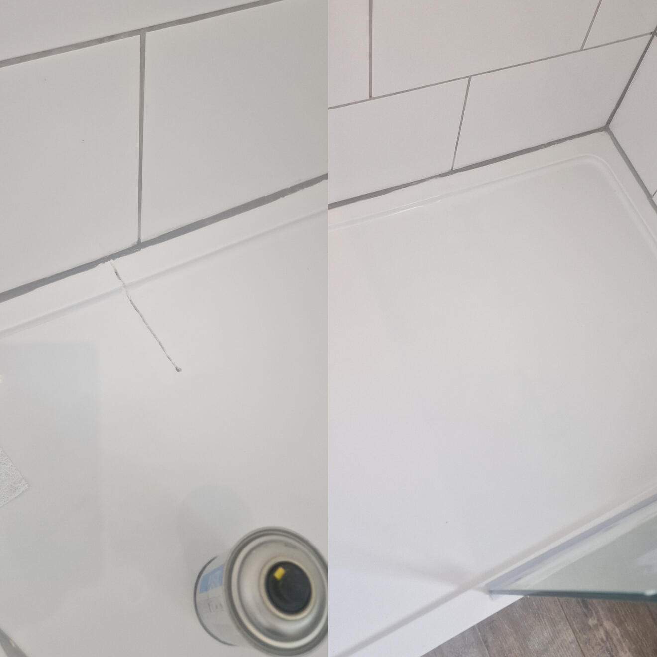 Shower tray crack repair Before and after stone resin shower tray crack repair in Cheltenham
