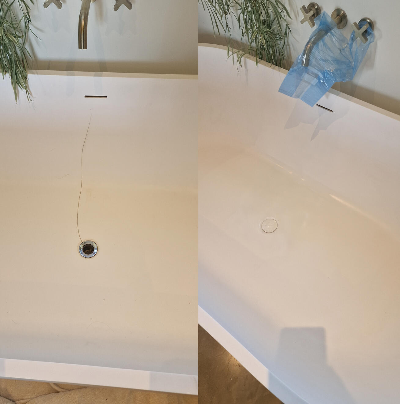 before and after pictures of a stone resin acrylic bath crack repair Reinforced stone resin bath crack repair in Cheltenham