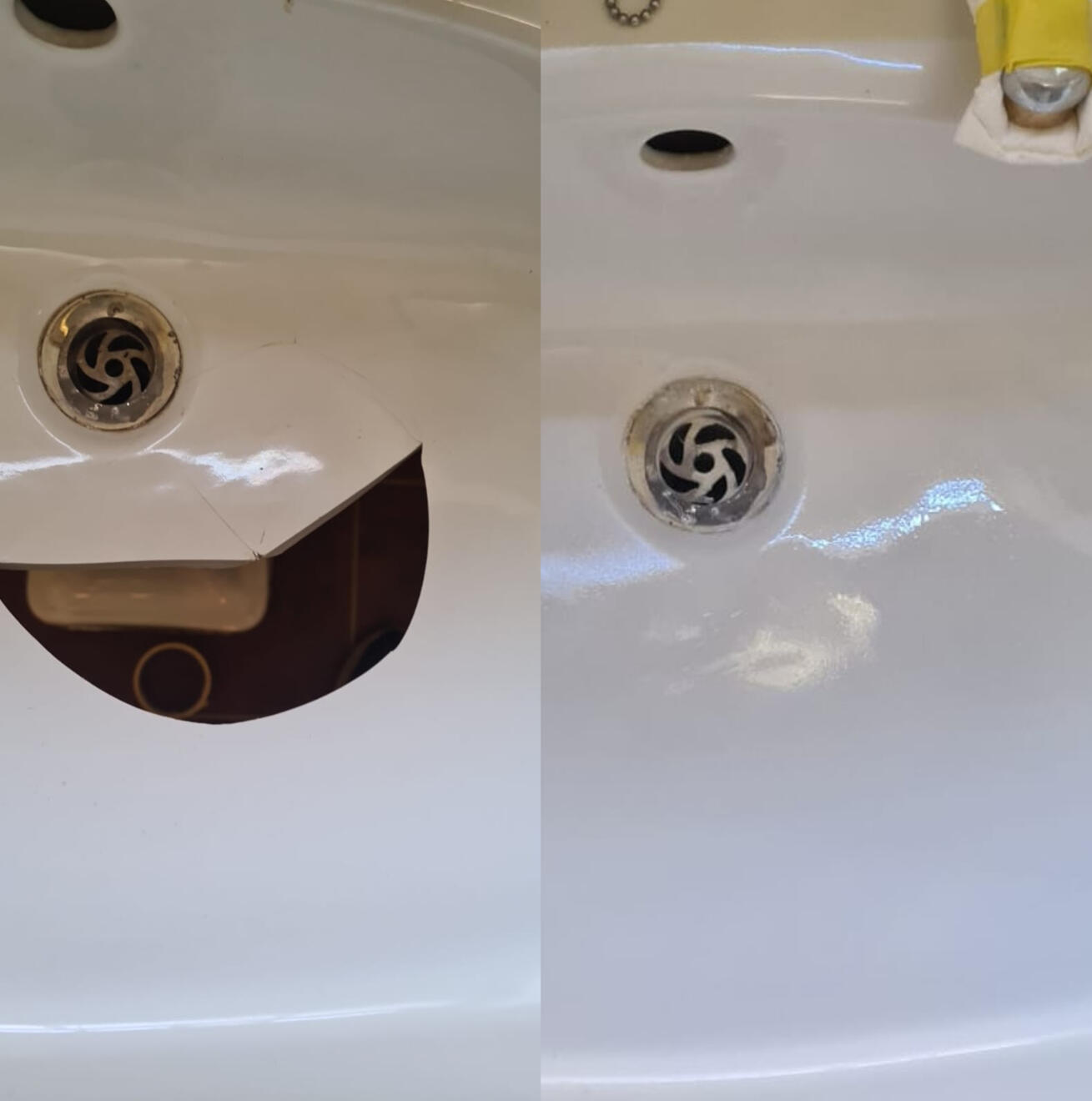 before and after pictures of a ceramic sink crack repair Before and after ceramic sink crack repair in Prestbury